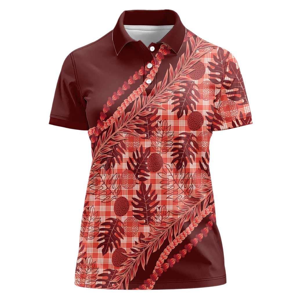 Hawaii Breadfruit Palaka Women Polo Shirt Ulaula Maile Lei - Polynesian Pride