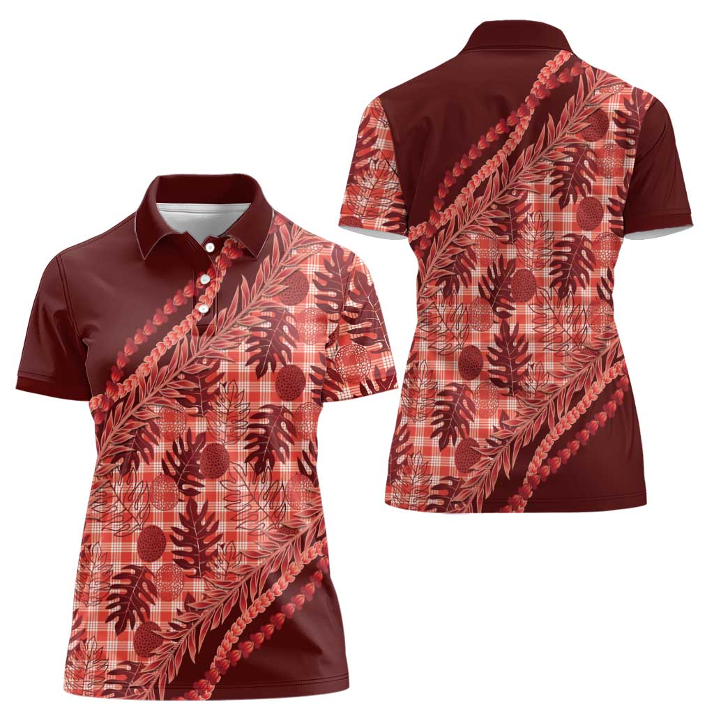 Hawaii Breadfruit Palaka Women Polo Shirt Ulaula Maile Lei - Polynesian Pride