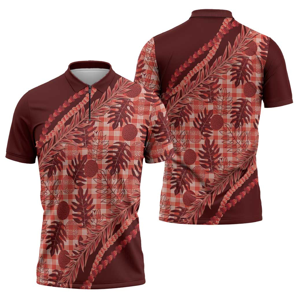 Hawaii Breadfruit Palaka Zipper Polo Shirt Ulaula Maile Lei - Polynesian Pride