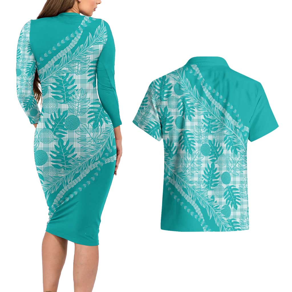 Hawaii Breadfruit Palaka Couples Matching Long Sleeve Bodycon Dress and Hawaiian Shirt Polu Opal Maile Lei - Polynesian Pride