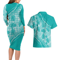 Hawaii Breadfruit Palaka Couples Matching Long Sleeve Bodycon Dress and Hawaiian Shirt Polu Opal Maile Lei - Polynesian Pride