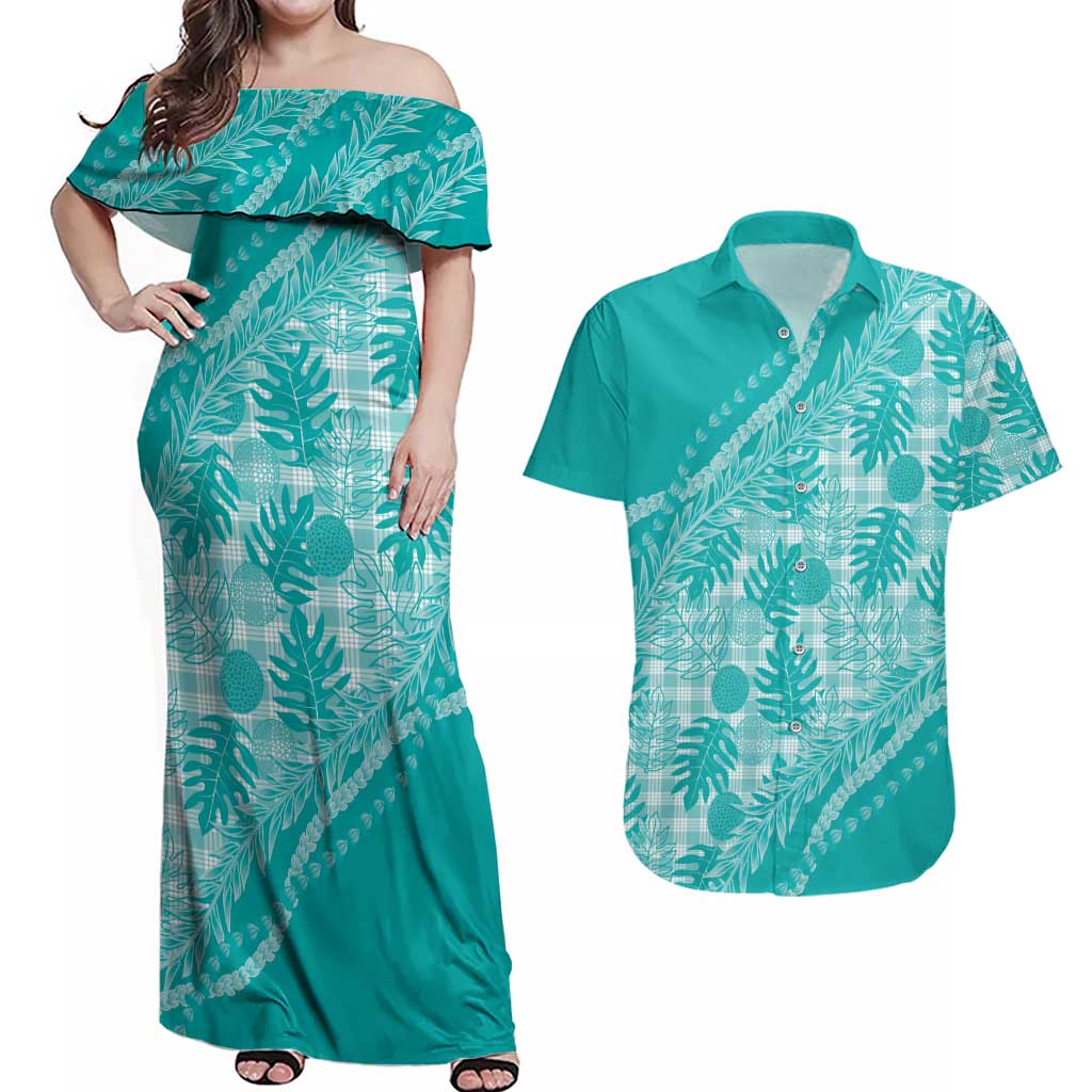 Hawaii Breadfruit Palaka Couples Matching Off Shoulder Maxi Dress and Hawaiian Shirt Polu Opal Maile Lei - Polynesian Pride