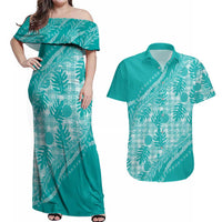 Hawaii Breadfruit Palaka Couples Matching Off Shoulder Maxi Dress and Hawaiian Shirt Polu Opal Maile Lei - Polynesian Pride