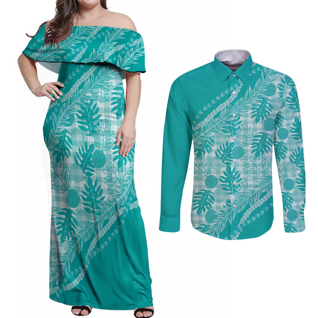Hawaii Breadfruit Palaka Couples Matching Off Shoulder Maxi Dress and Long Sleeve Button Shirt Polu Opal Maile Lei - Polynesian Pride