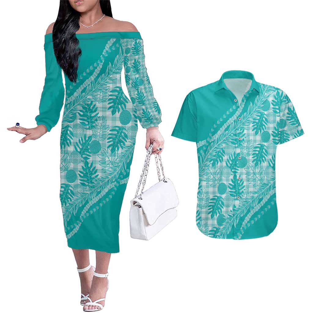 Hawaii Breadfruit Palaka Couples Matching Off The Shoulder Long Sleeve Dress and Hawaiian Shirt Polu Opal Maile Lei - Polynesian Pride