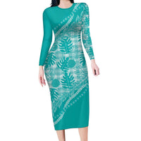 Hawaii Breadfruit Palaka Family Matching Long Sleeve Bodycon Dress and Hawaiian Shirt Polu Opal Maile Lei LT9 Mom's Dress Turquoise - Polynesian Pride