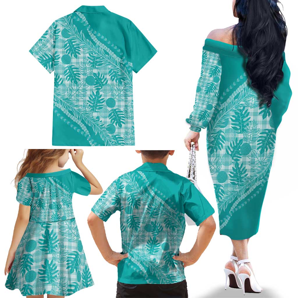 Hawaii Breadfruit Palaka Family Matching Off The Shoulder Long Sleeve Dress and Hawaiian Shirt Polu Opal Maile Lei LT9 - Polynesian Pride