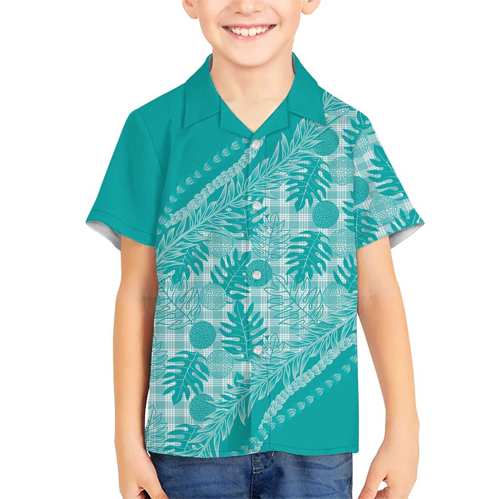 Hawaii Breadfruit Palaka Family Matching Short Sleeve Bodycon Dress and Hawaiian Shirt Polu Opal Maile Lei LT9 Son's Shirt Turquoise - Polynesian Pride