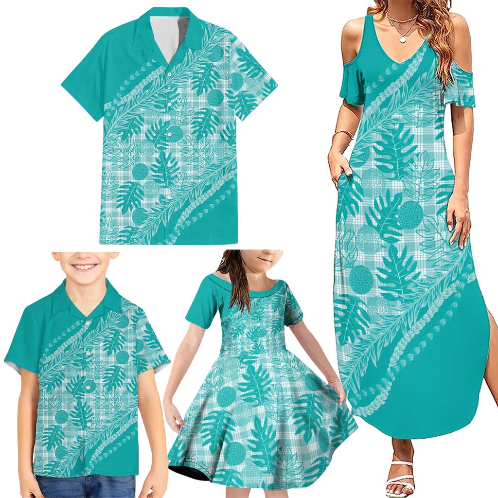 Hawaii Breadfruit Palaka Family Matching Summer Maxi Dress and Hawaiian Shirt Polu Opal Maile Lei - Polynesian Pride
