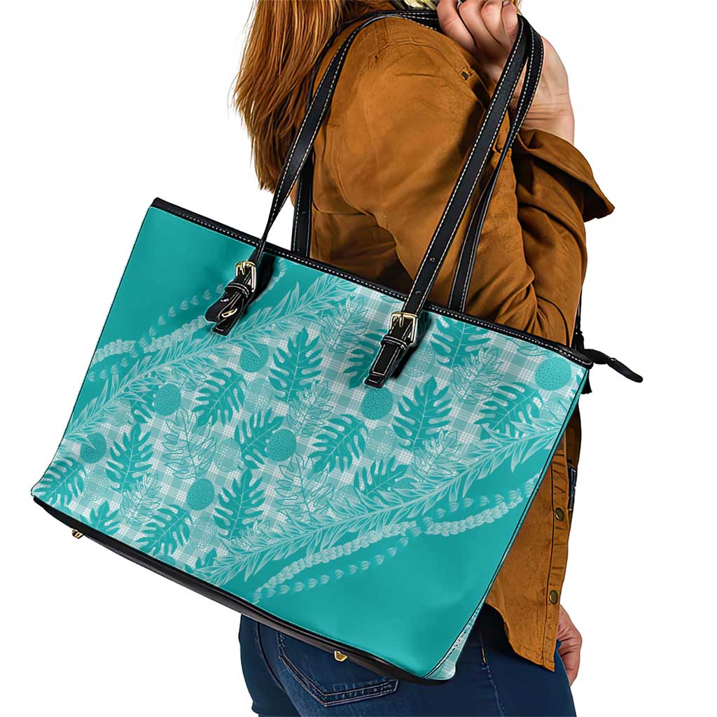 Hawaii Breadfruit Palaka Leather Tote Bag Polu Opal Maile Lei - Polynesian Pride