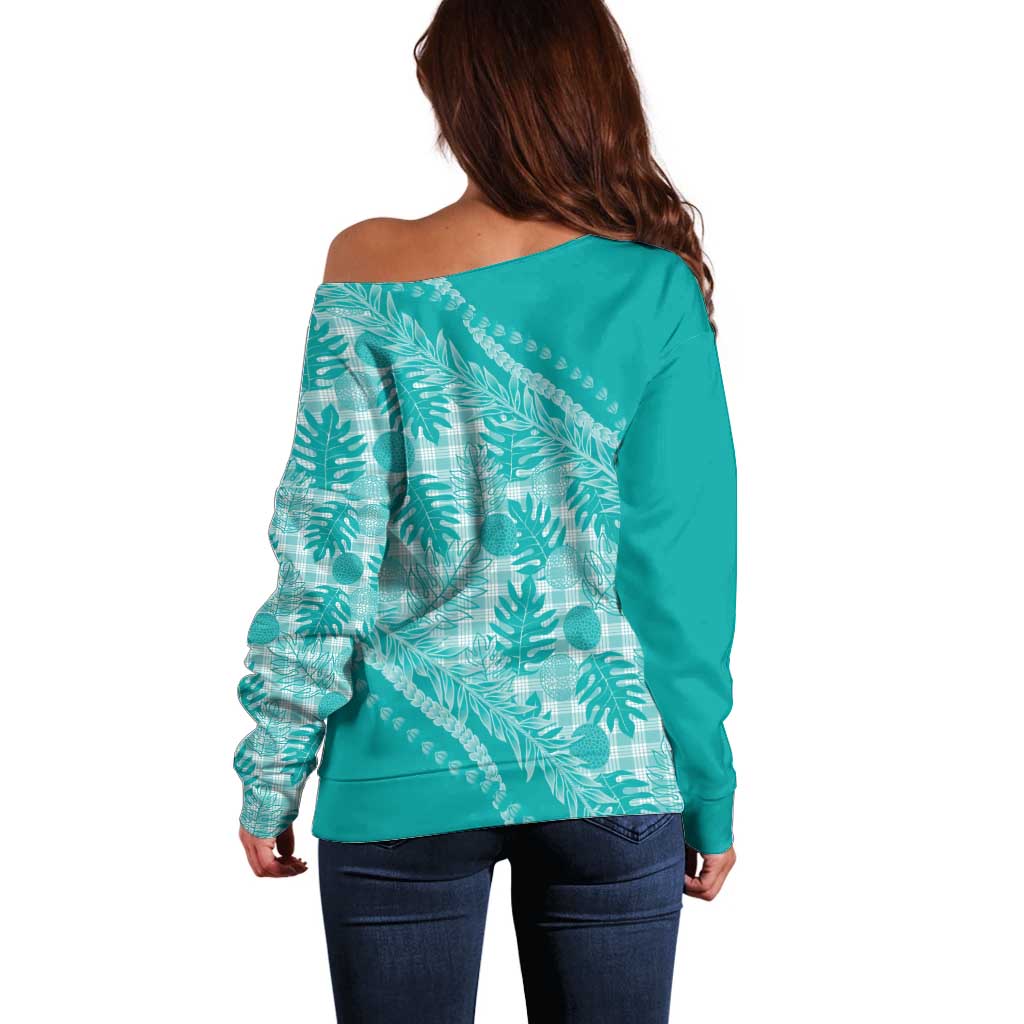 Hawaii Breadfruit Palaka Off Shoulder Sweater Polu Opal Maile Lei - Polynesian Pride