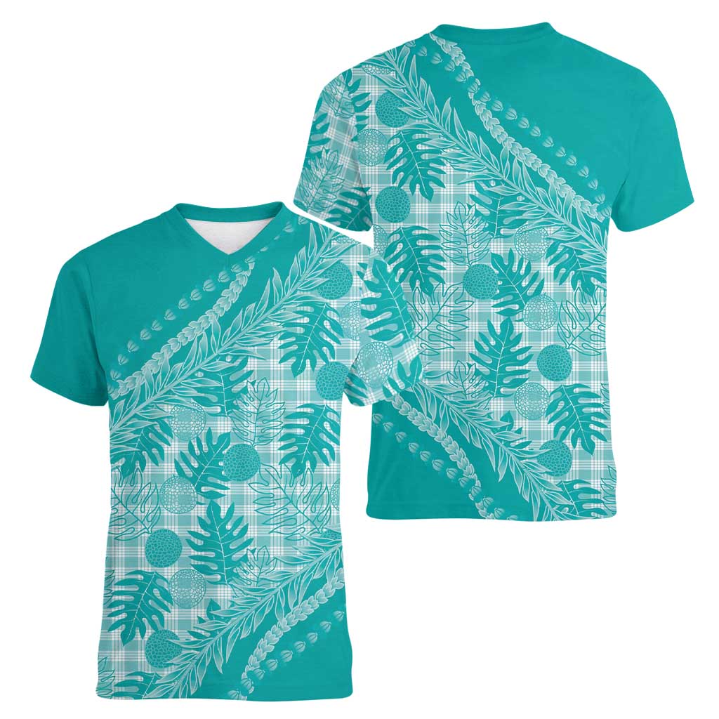 Hawaii Breadfruit Palaka Women V-Neck T-Shirt Polu Opal Maile Lei - Polynesian Pride