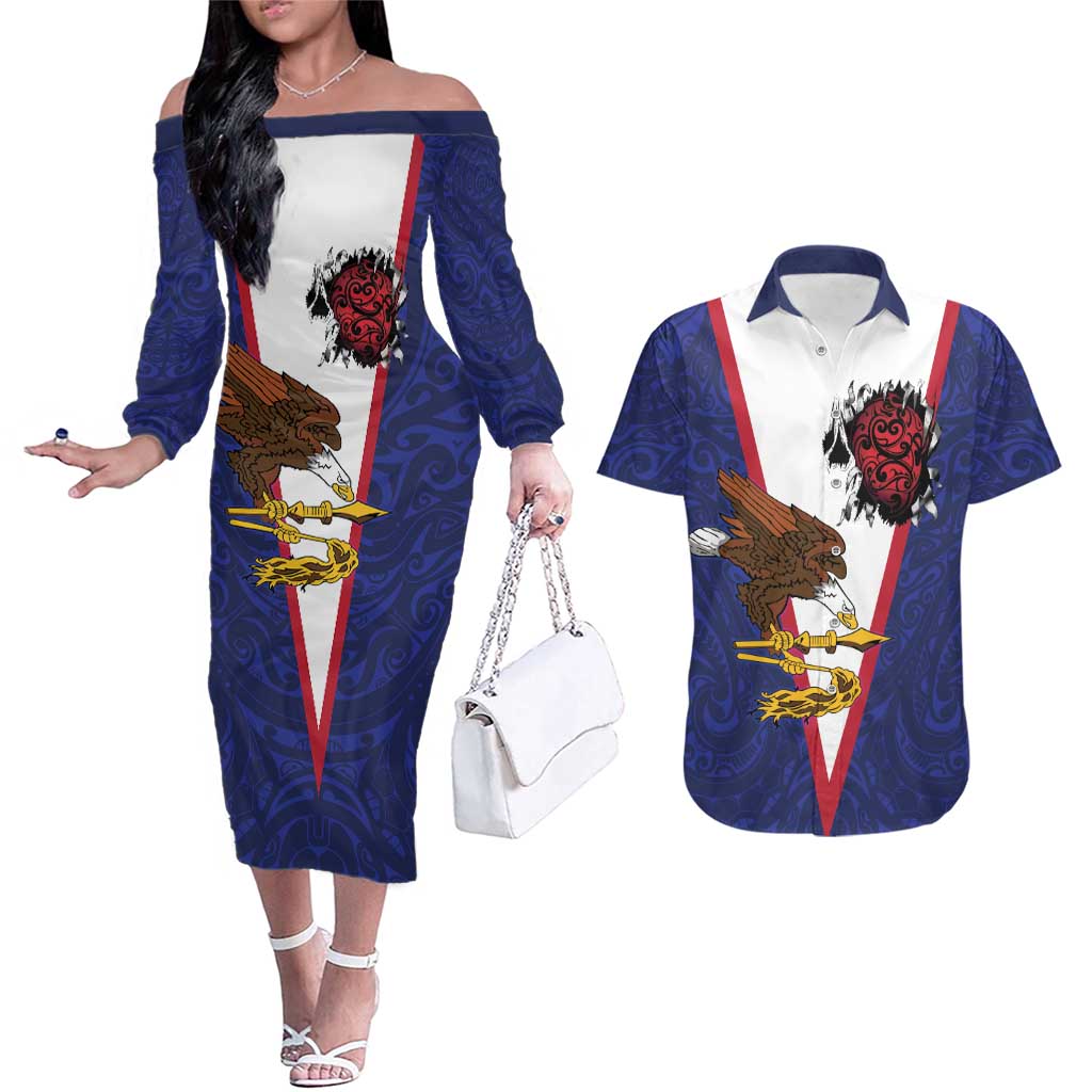 American Samoa Heart Tribal Personalized Couples Matching Off The Shoulder Long Sleeve Dress and Hawaiian Shirt Polynesian Patterns