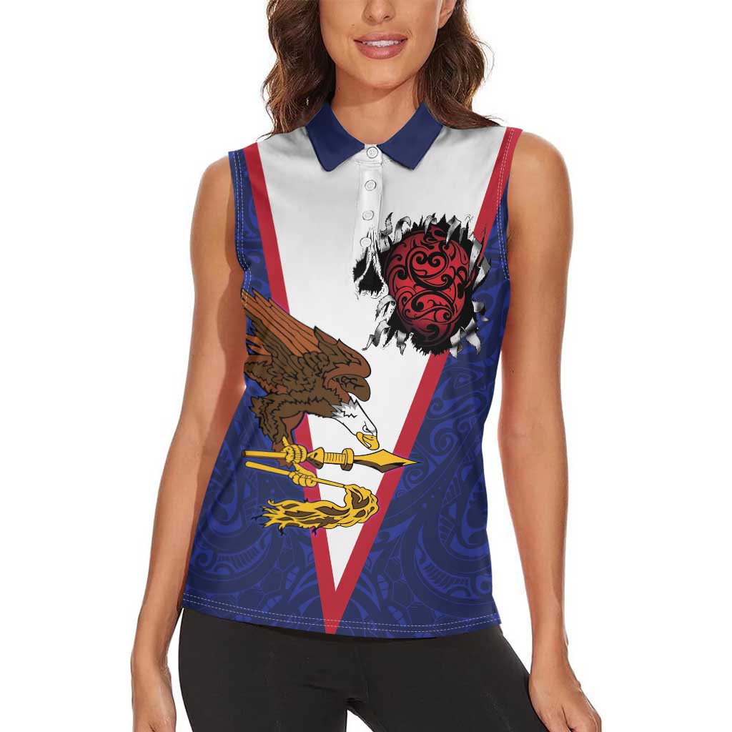 American Samoa Heart Tribal Personalized Women Sleeveless Polo Shirt Polynesian Patterns