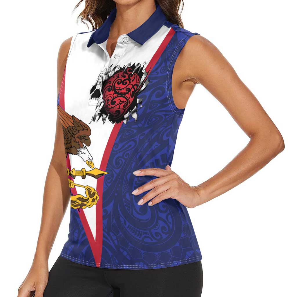 American Samoa Heart Tribal Personalized Women Sleeveless Polo Shirt Polynesian Patterns