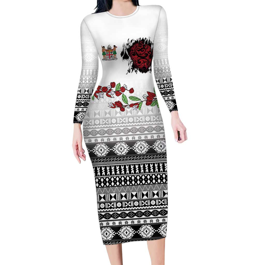 Fiji Heart Tribal Personalised Family Matching Long Sleeve Bodycon Dress and Hawaiian Shirt Polynesian Patterns LT9 Mom's Dress White - Polynesian Pride