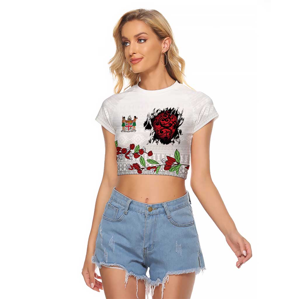 Fiji Heart Tribal Personalised Raglan Cropped T Shirt Polynesian Patterns LT9 Female White - Polynesian Pride