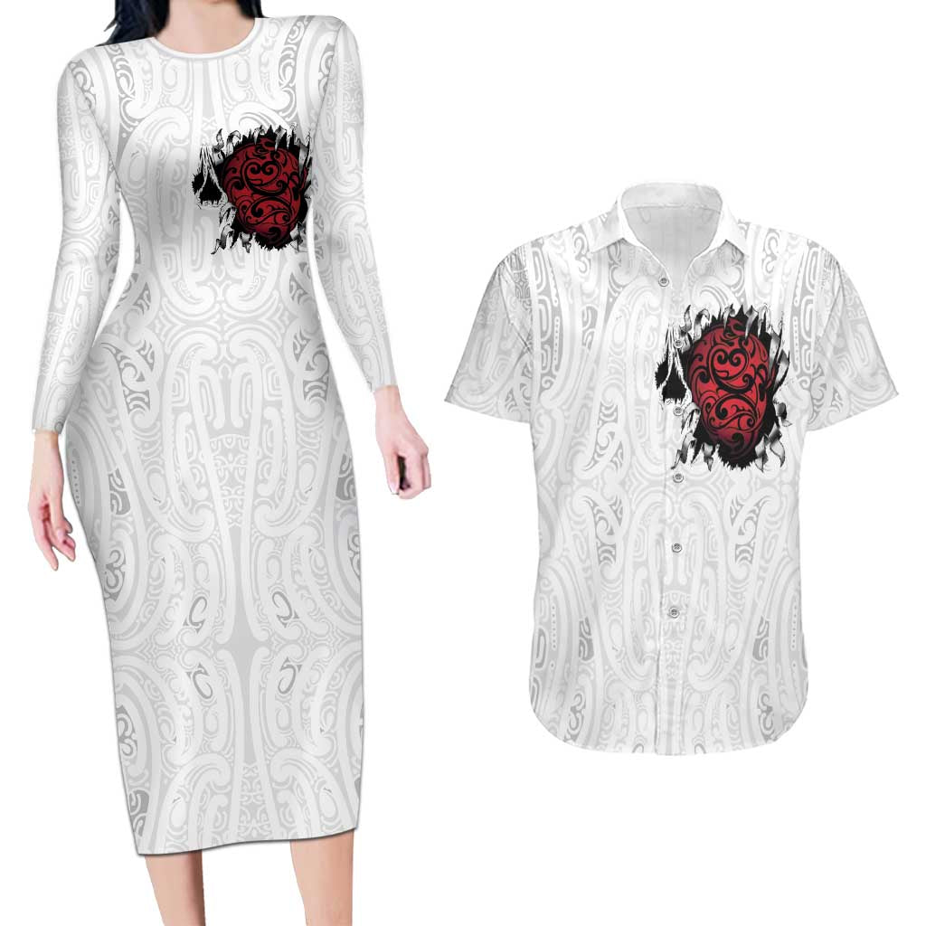 New Zealand Maori Heart Tribal Personalised Couples Matching Long Sleeve Bodycon Dress and Hawaiian Shirt Polynesian Patterns LT9 White - Polynesian Pride