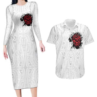 New Zealand Maori Heart Tribal Personalised Couples Matching Long Sleeve Bodycon Dress and Hawaiian Shirt Polynesian Patterns LT9 White - Polynesian Pride