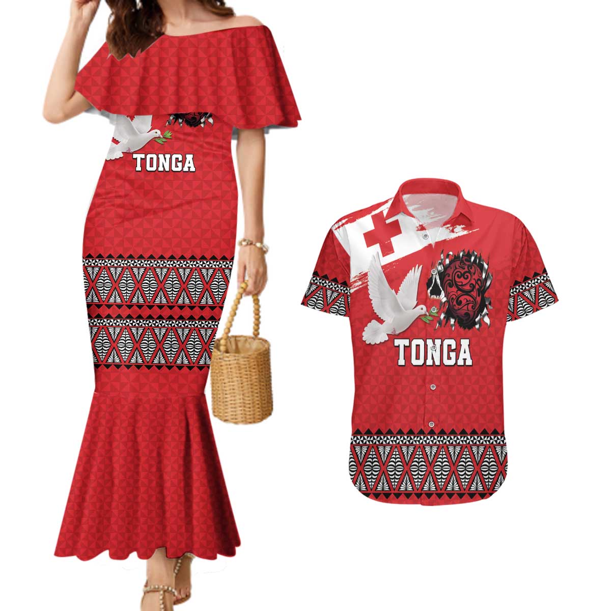 Tonga Heart Tribal Personalised Couples Matching Mermaid Dress and Hawaiian Shirt Polynesian Patterns