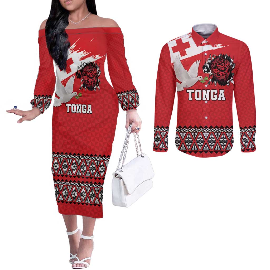 Tonga Heart Tribal Personalised Couples Matching Off The Shoulder Long Sleeve Dress and Long Sleeve Button Shirt Polynesian Patterns