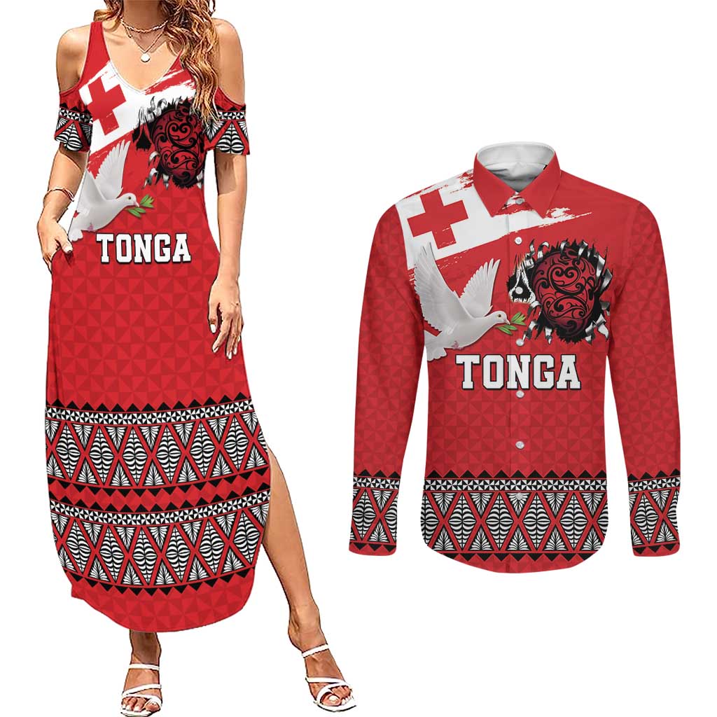 Tonga Heart Tribal Personalised Couples Matching Summer Maxi Dress and Long Sleeve Button Shirt Polynesian Patterns