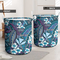 Personalised Hawaii Tribal Humpback Whale Laundry Basket Polu Hibiscus Seamless Pattern