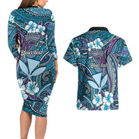 Personalised Hawaii Tribal Humpback Whale Couples Matching Long Sleeve Bodycon Dress and Hawaiian Shirt Polu Hibiscus Seamless Pattern