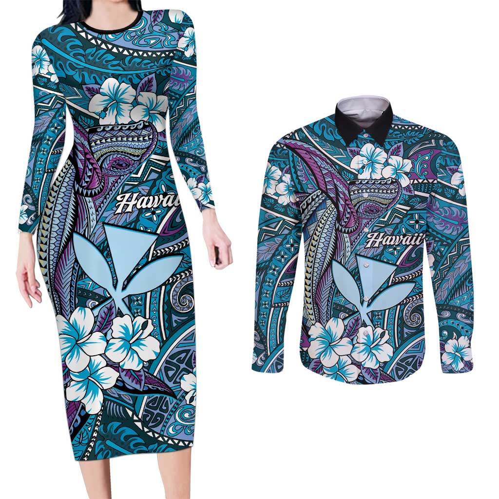 Personalised Hawaii Tribal Humpback Whale Couples Matching Long Sleeve Bodycon Dress and Long Sleeve Button Shirt Polu Hibiscus Seamless Pattern