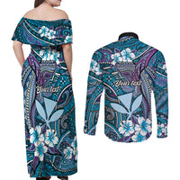 Personalised Hawaii Tribal Humpback Whale Couples Matching Off Shoulder Maxi Dress and Long Sleeve Button Shirt Polu Hibiscus Seamless Pattern