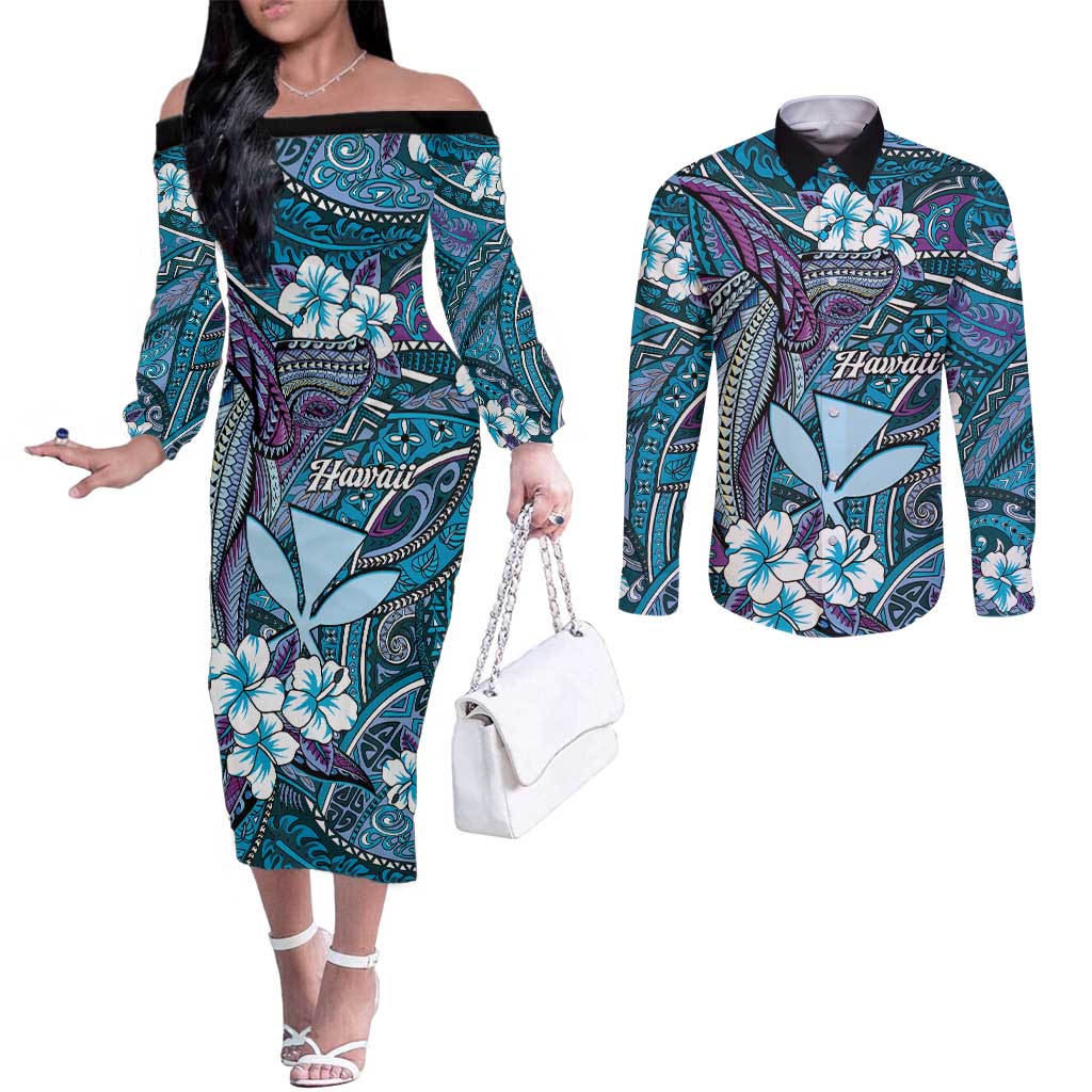 Personalised Hawaii Tribal Humpback Whale Couples Matching Off The Shoulder Long Sleeve Dress and Long Sleeve Button Shirt Polu Hibiscus Seamless Pattern LT9 Blue - Polynesian Pride