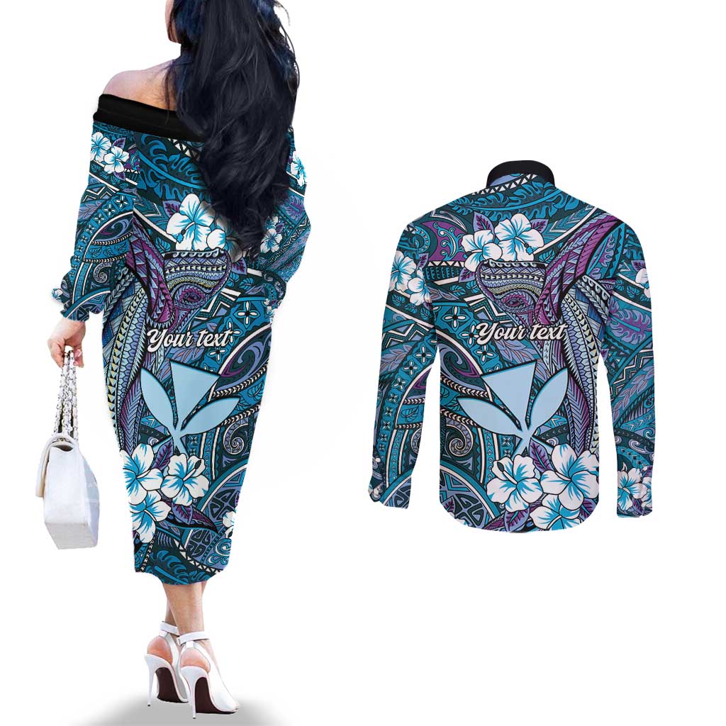 Personalised Hawaii Tribal Humpback Whale Couples Matching Off The Shoulder Long Sleeve Dress and Long Sleeve Button Shirt Polu Hibiscus Seamless Pattern LT9 - Polynesian Pride