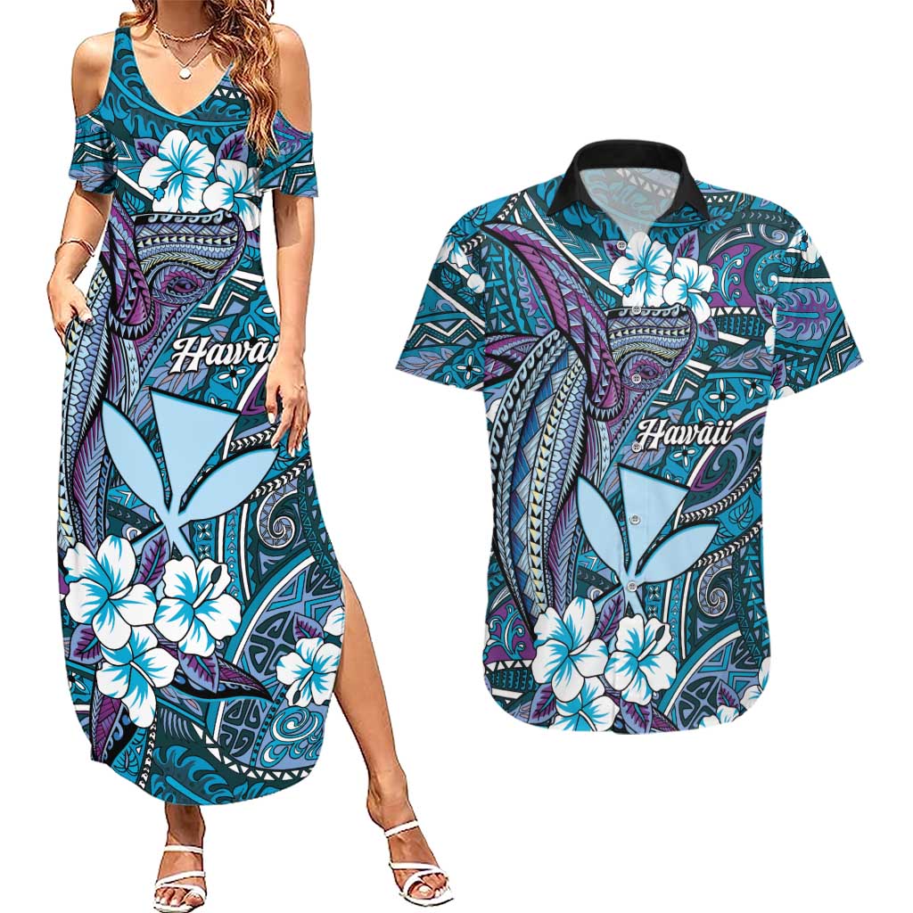 Personalised Hawaii Tribal Humpback Whale Couples Matching Summer Maxi Dress and Hawaiian Shirt Polu Hibiscus Seamless Pattern
