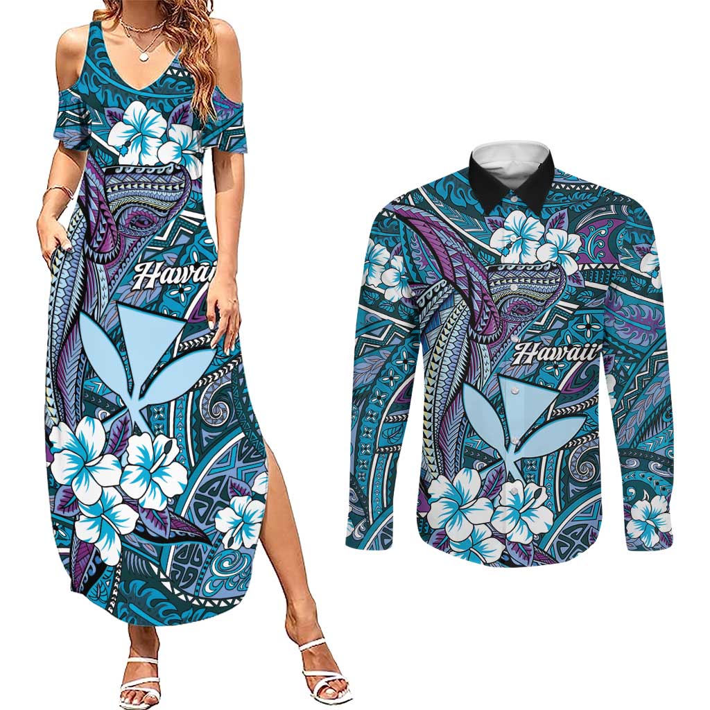 Personalised Hawaii Tribal Humpback Whale Couples Matching Summer Maxi Dress and Long Sleeve Button Shirt Polu Hibiscus Seamless Pattern