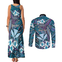 Personalised Hawaii Tribal Humpback Whale Couples Matching Tank Maxi Dress and Long Sleeve Button Shirt Polu Hibiscus Seamless Pattern