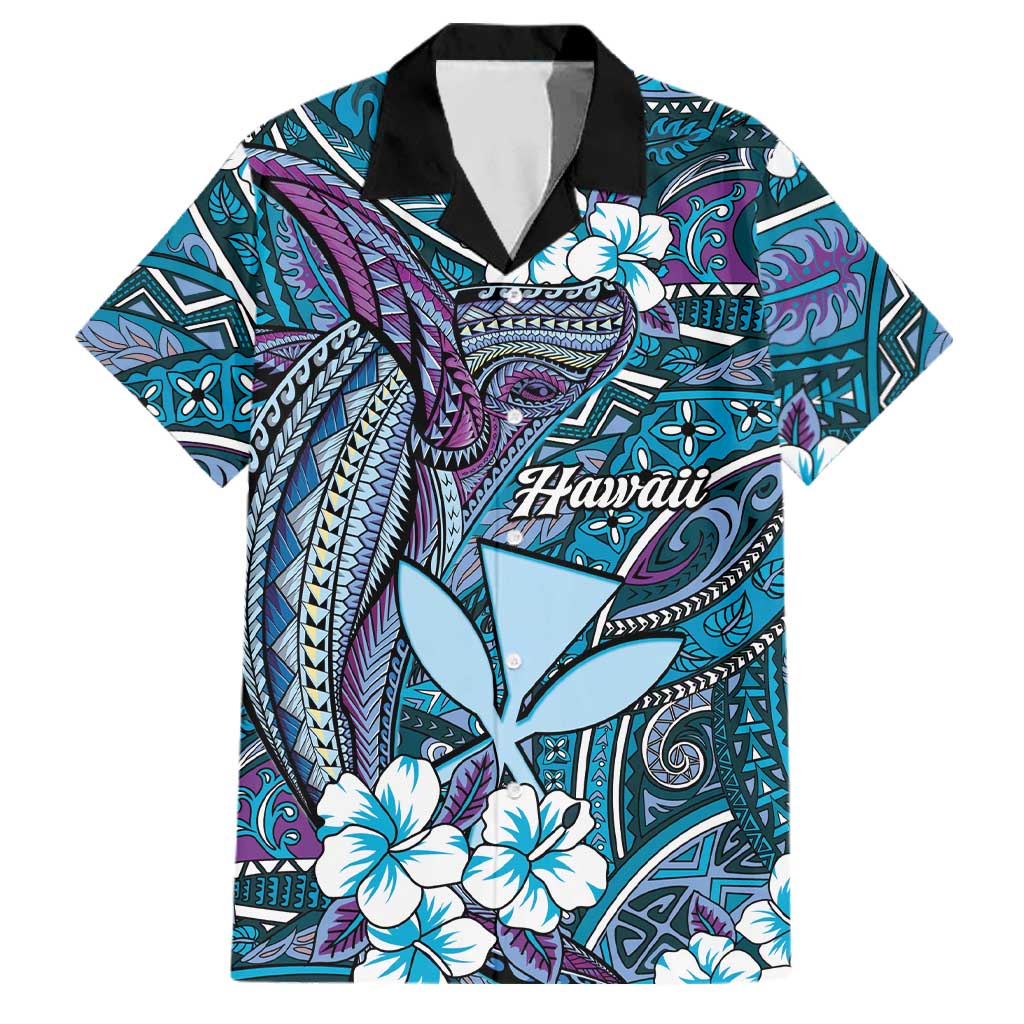 Personalised Hawaii Tribal Humpback Whale Family Matching Mermaid Dress and Hawaiian Shirt Polu Hibiscus Seamless Pattern LT9 Dad's Shirt - Short Sleeve Blue - Polynesian Pride