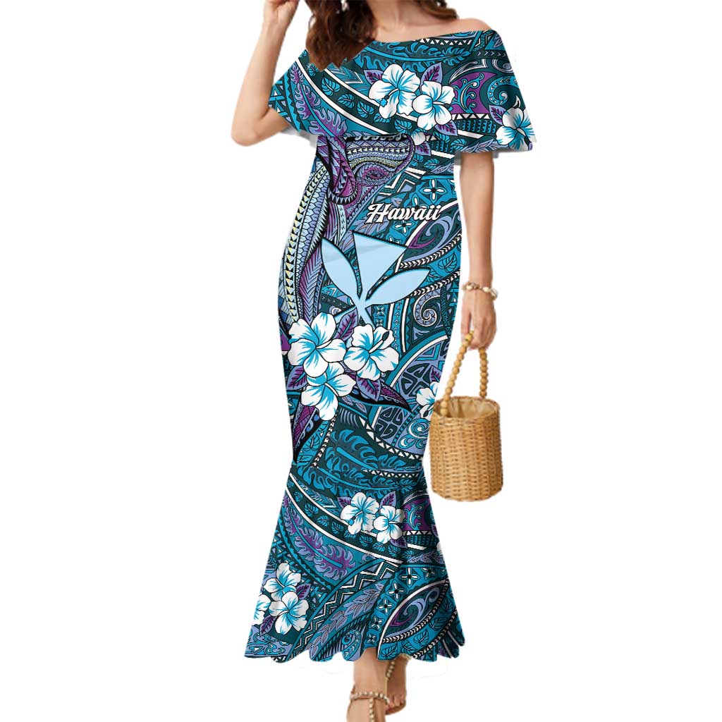 Personalised Hawaii Tribal Humpback Whale Family Matching Mermaid Dress and Hawaiian Shirt Polu Hibiscus Seamless Pattern LT9 Mom's Dress Blue - Polynesian Pride