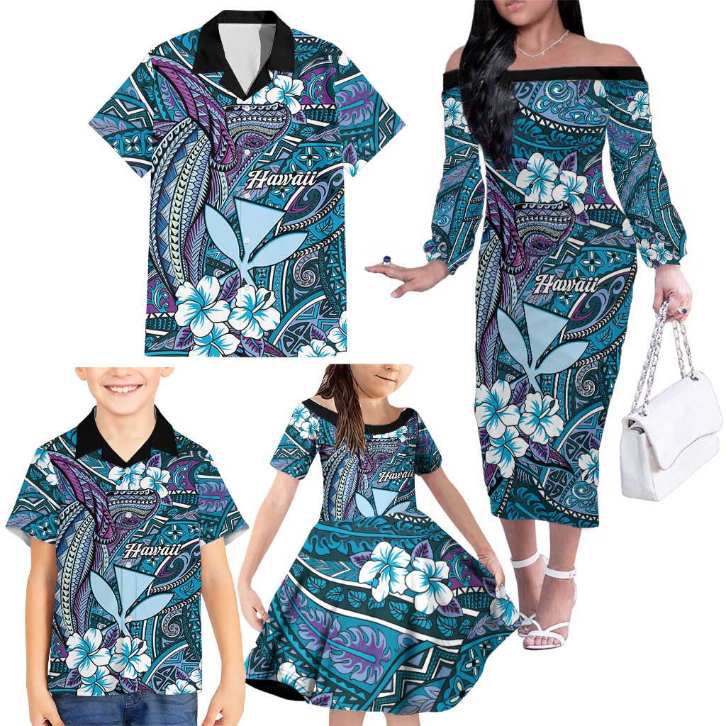 Personalised Hawaii Tribal Humpback Whale Family Matching Off The Shoulder Long Sleeve Dress and Hawaiian Shirt Polu Hibiscus Seamless Pattern