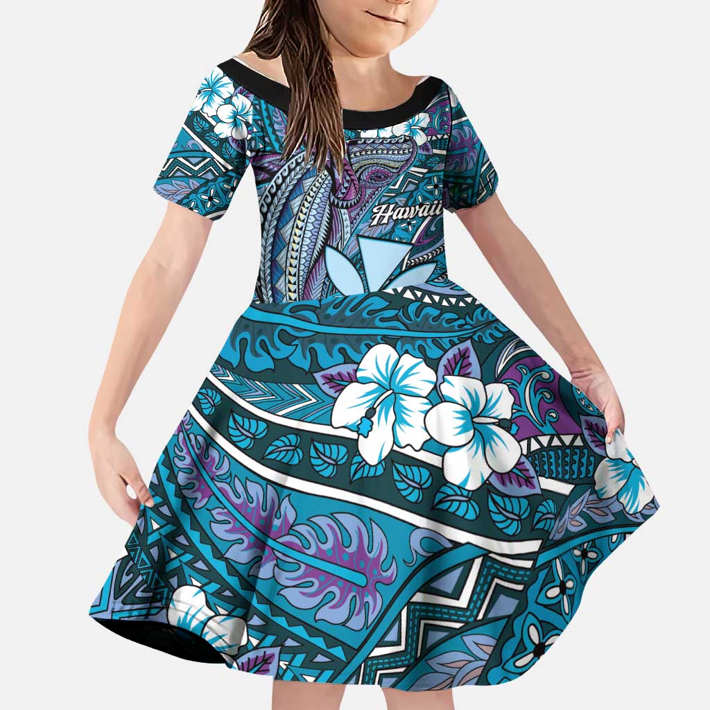 Personalised Hawaii Tribal Humpback Whale Family Matching Off Shoulder Maxi Dress and Hawaiian Shirt Polu Hibiscus Seamless Pattern LT9 Daughter's Dress Blue - Polynesian Pride