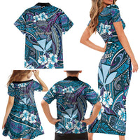 Personalised Hawaii Tribal Humpback Whale Family Matching Short Sleeve Bodycon Dress and Hawaiian Shirt Polu Hibiscus Seamless Pattern LT9 - Polynesian Pride