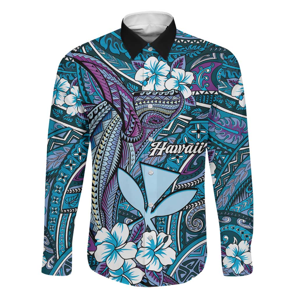 Personalised Hawaii Tribal Humpback Whale Family Matching Short Sleeve Bodycon Dress and Hawaiian Shirt Polu Hibiscus Seamless Pattern LT9 Dad's Shirt - Long Sleeve Blue - Polynesian Pride