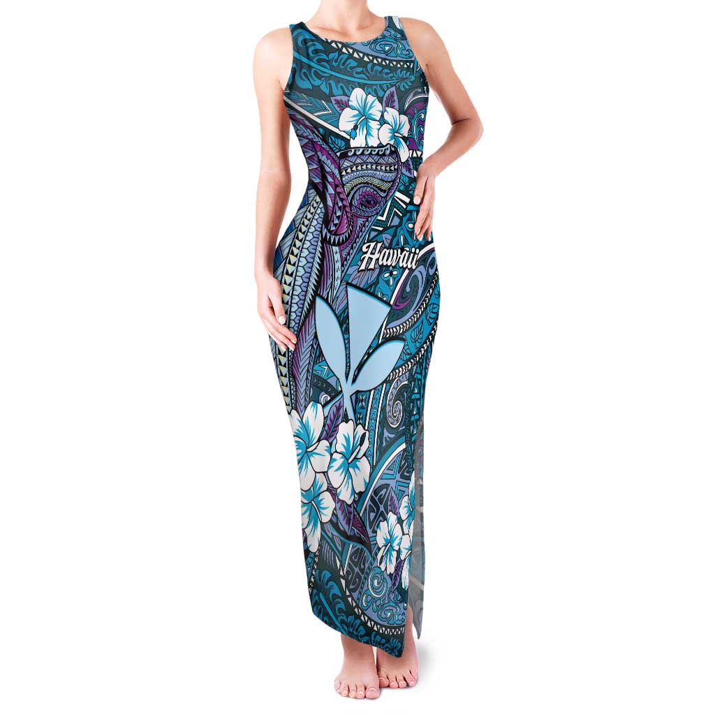 Personalised Hawaii Tribal Humpback Whale Family Matching Tank Maxi Dress and Hawaiian Shirt Polu Hibiscus Seamless Pattern LT9 Mom's Dress Blue - Polynesian Pride