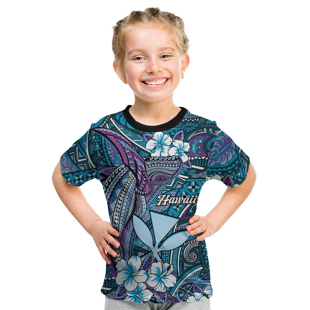 Personalised Hawaii Tribal Humpback Whale Kid T Shirt Polu Hibiscus Seamless Pattern