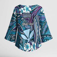 Personalised Hawaii Tribal Humpback Whale Kimono Sleeve Blouse Polu Hibiscus Seamless Pattern