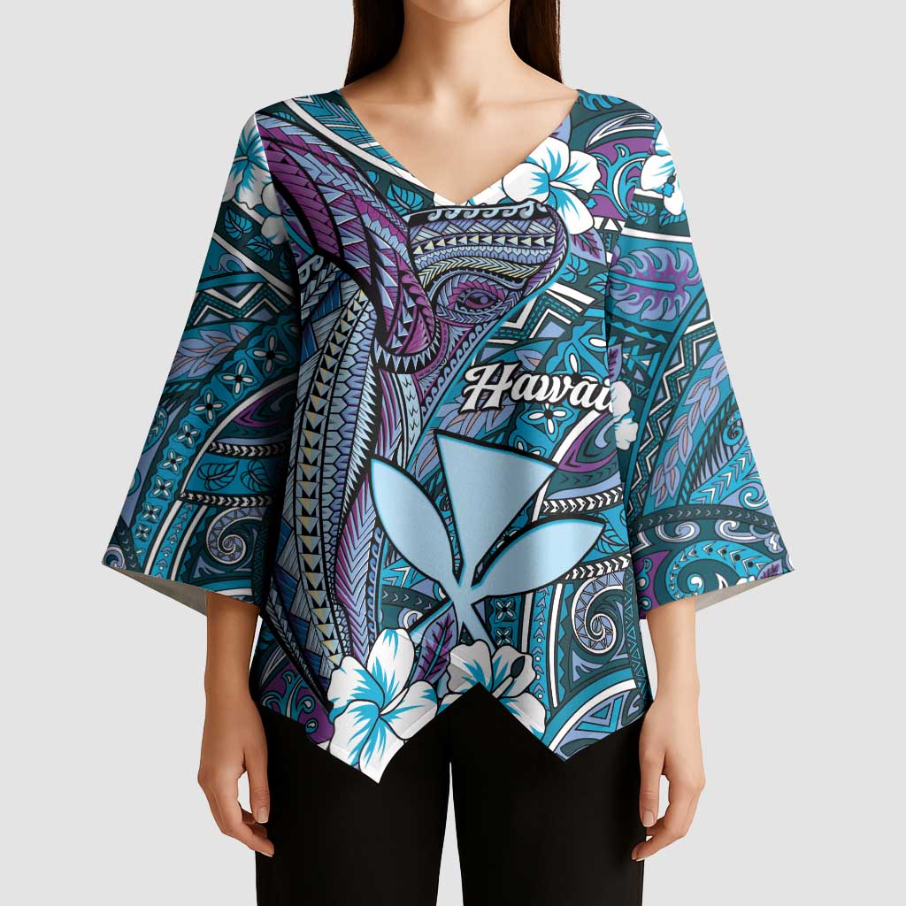 Personalised Hawaii Tribal Humpback Whale Kimono Sleeve Blouse Polu Hibiscus Seamless Pattern