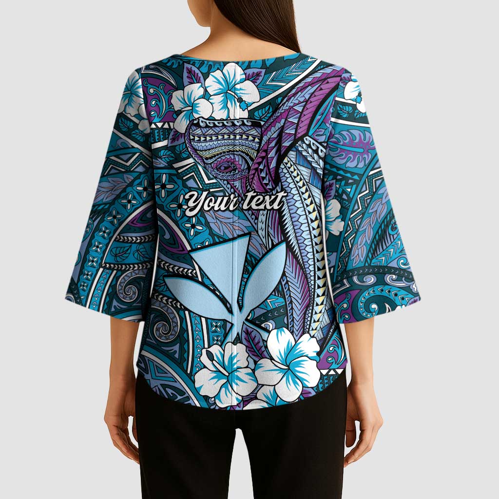 Personalised Hawaii Tribal Humpback Whale Kimono Sleeve Blouse Polu Hibiscus Seamless Pattern