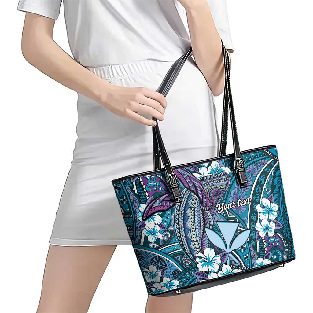 Personalised Hawaii Tribal Humpback Whale Leather Tote Bag Polu Hibiscus Seamless Pattern