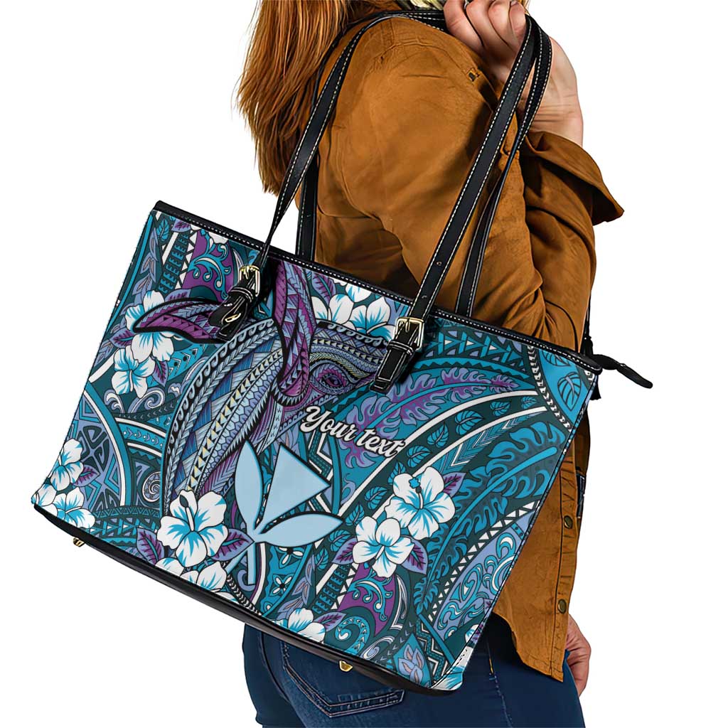 Personalised Hawaii Tribal Humpback Whale Leather Tote Bag Polu Hibiscus Seamless Pattern