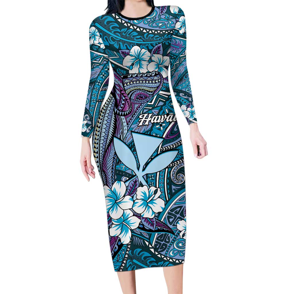Personalised Hawaii Tribal Humpback Whale Long Sleeve Bodycon Dress Polu Hibiscus Seamless Pattern