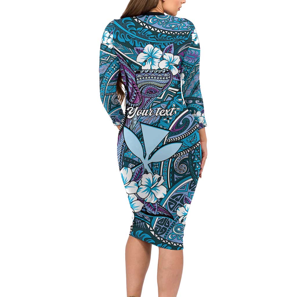 Personalised Hawaii Tribal Humpback Whale Long Sleeve Bodycon Dress Polu Hibiscus Seamless Pattern